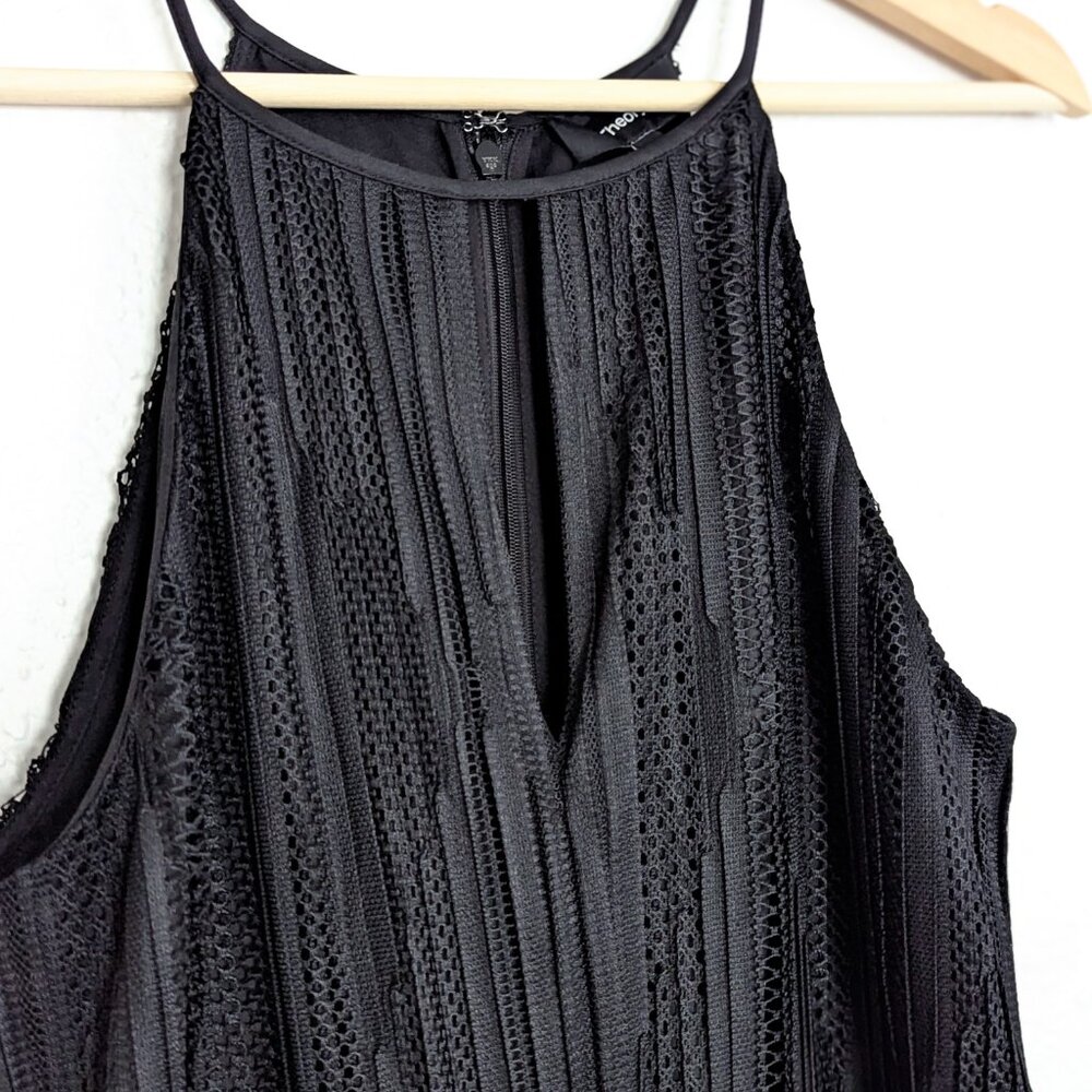 Theory Pleated Lace Midi Dress Size 4 Mod Black High Neck Halter Keyhole - Picture 2 of 14